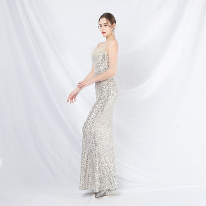 Ostrich Fur Illusion Beaded Formal Dress