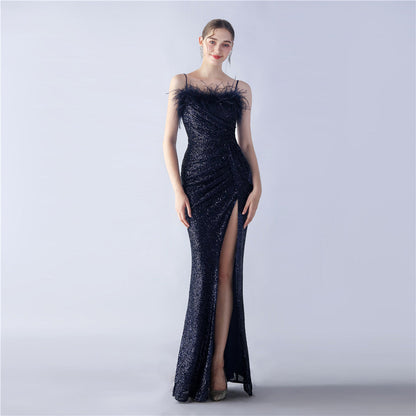 Ostrich Beaded Side Split Formal Dress