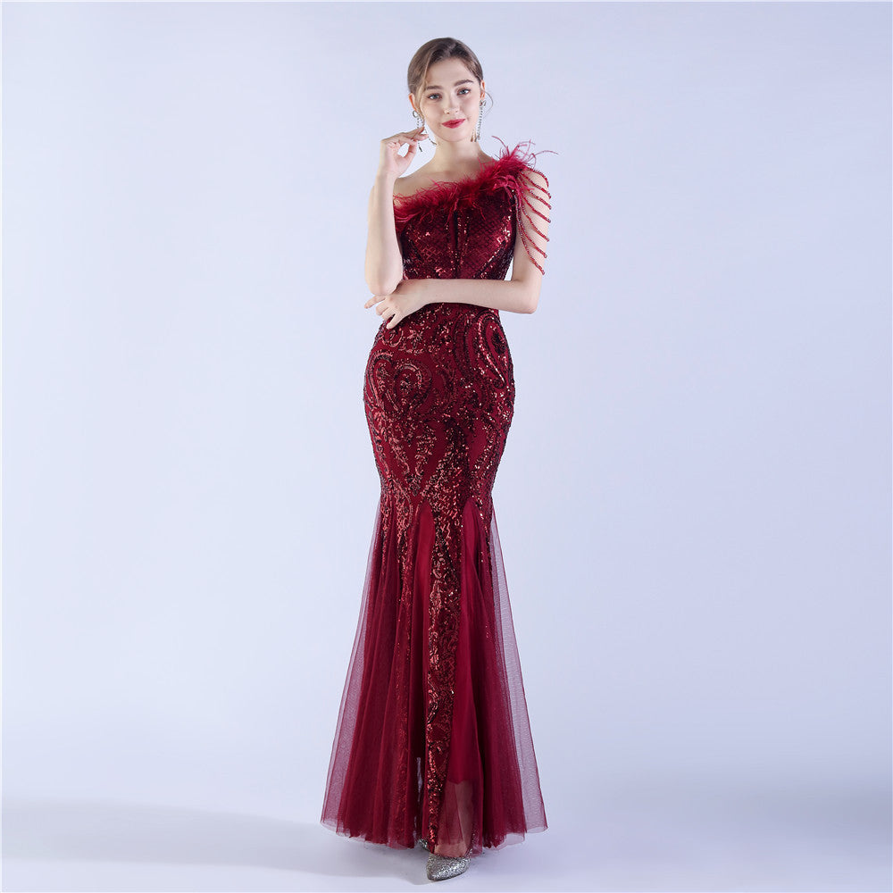 Beaded and Ostrich Fur Sequined Formal Dress