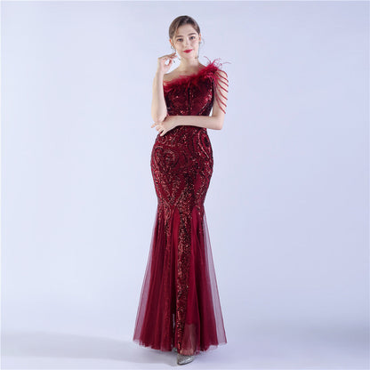 Beaded and Ostrich Fur Sequined Formal Dress