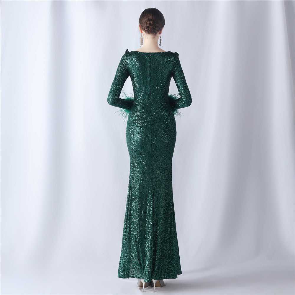 Ostrich Wave Beaded Formal Dress