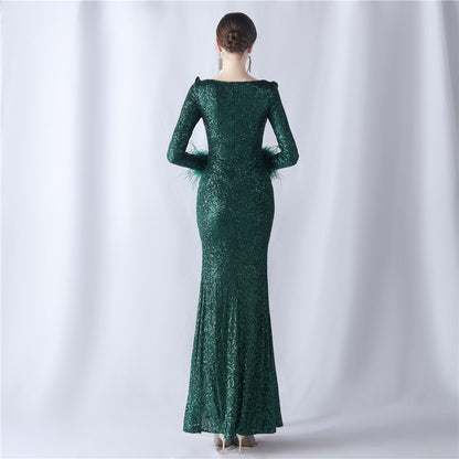 Ostrich Wave Beaded Formal Dress