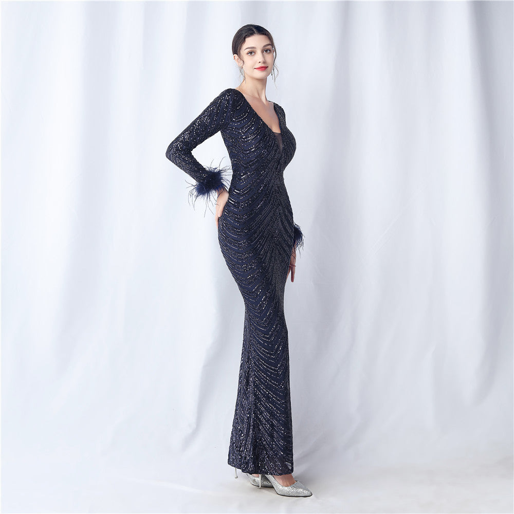 Ostrich Fur Long Sleeve Formal Dress
