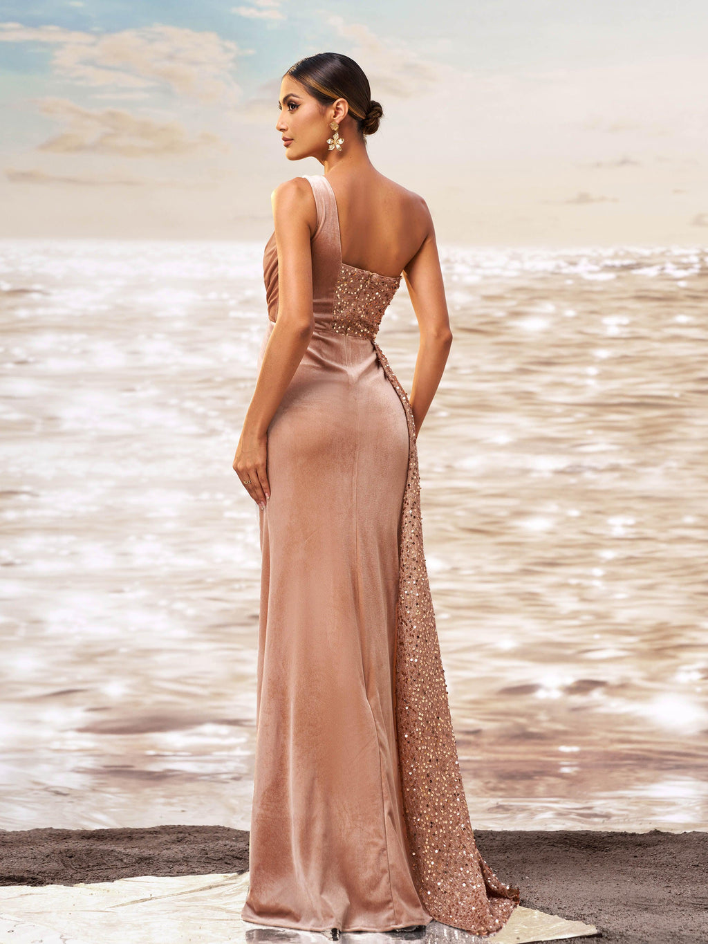 One Shoulder Velvet Split Thigh Prom Dress