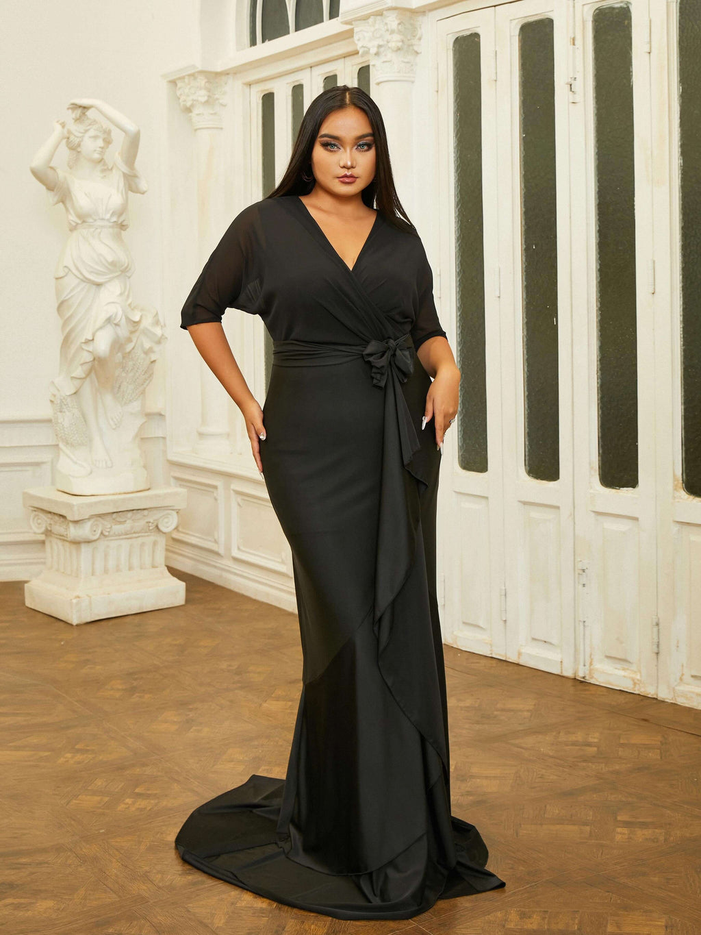 Plus Size Bow Knot V-neck Mermaid Prom Dress