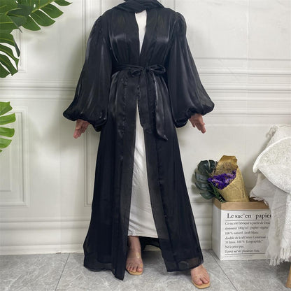 Shiny Silk Balloon Sleeves Lined Cardigan