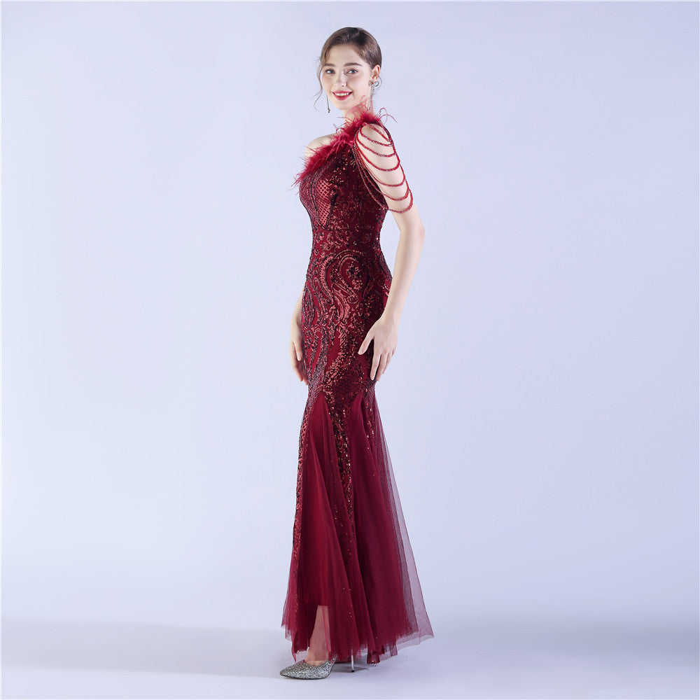 Beaded and Ostrich Fur Sequined Formal Dress