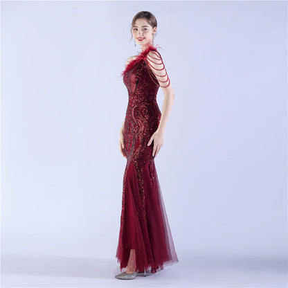 Beaded and Ostrich Fur Sequined Formal Dress
