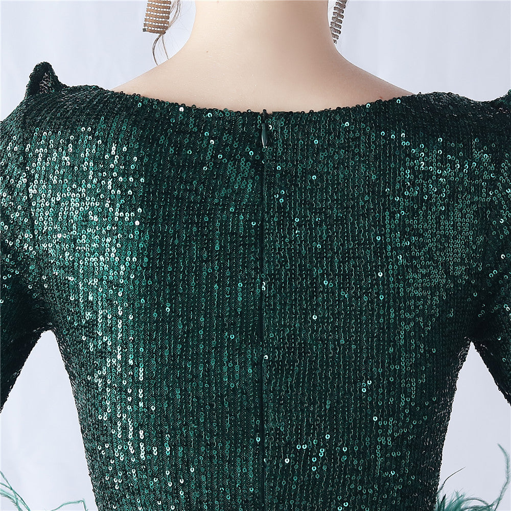 Ostrich Wave Beaded Formal Dress