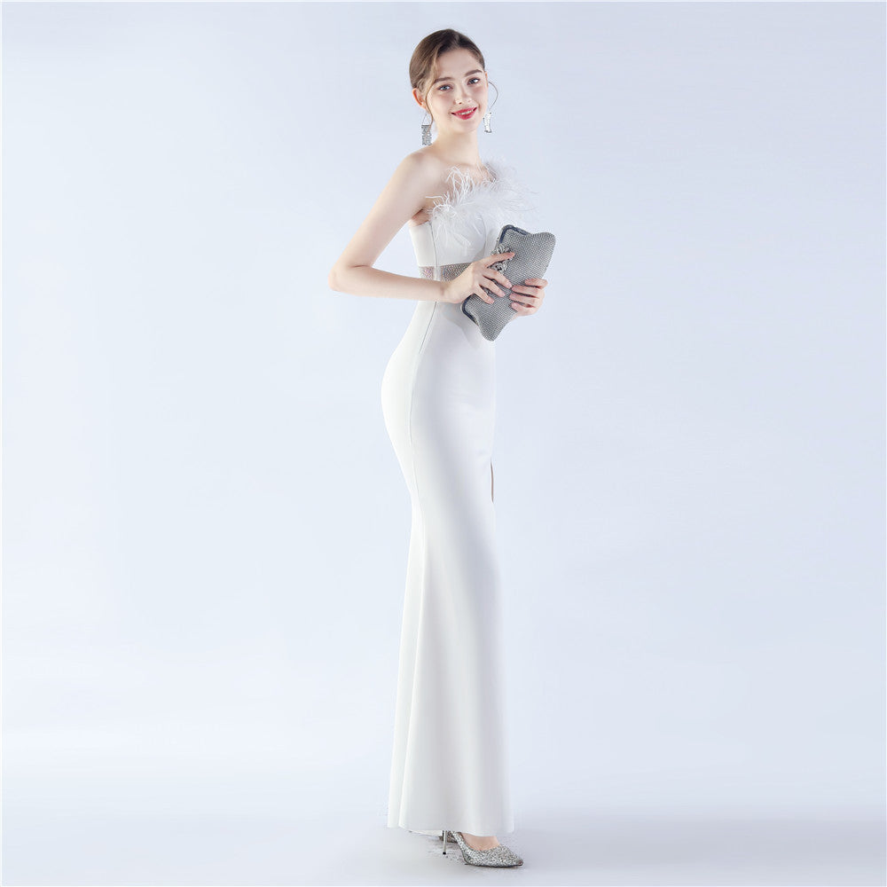 Fur Slant Neck One Shoulder Formal Dress