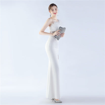 Fur Slant Neck One Shoulder Formal Dress