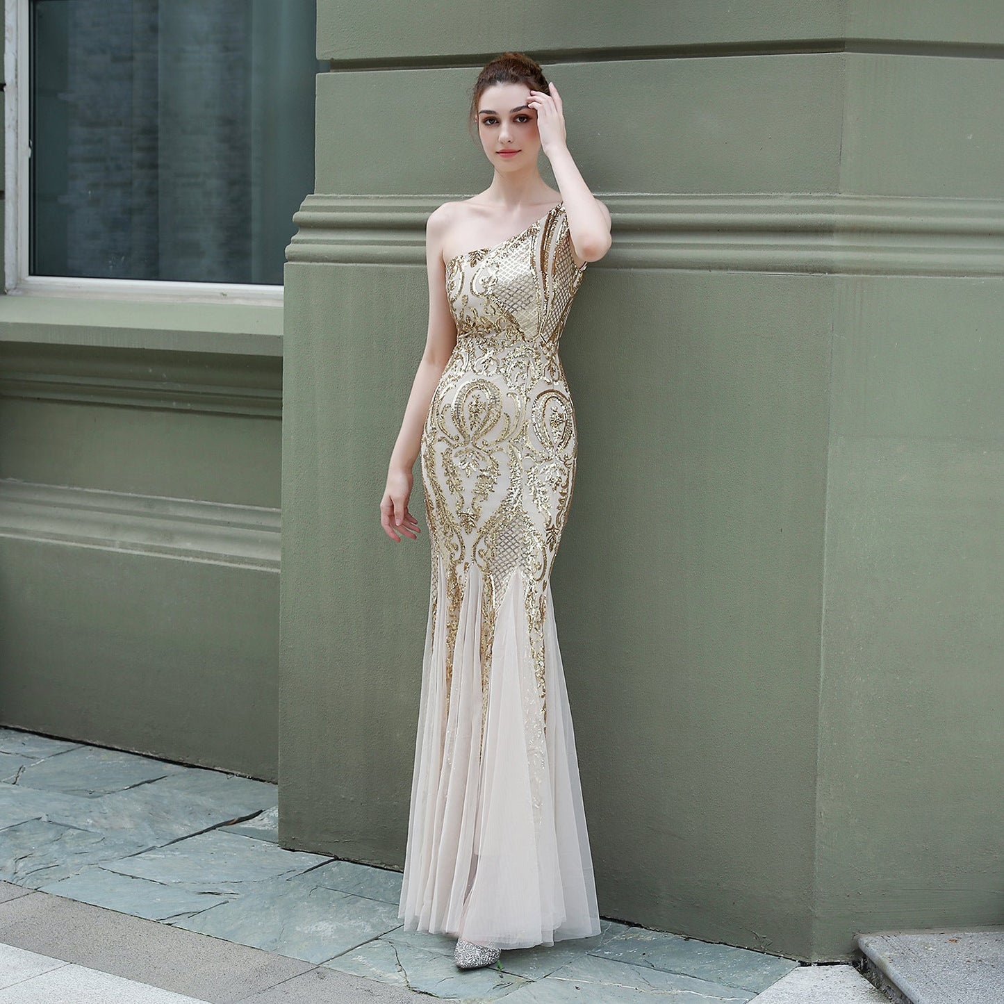 One Shoulder Beaded Formal Dress