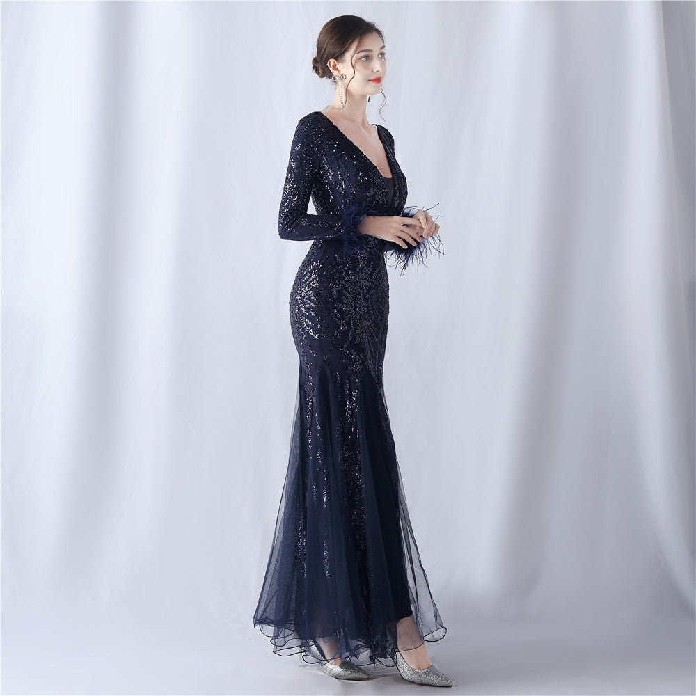 Ostrich Fur Mesh Beaded Formal Dresses