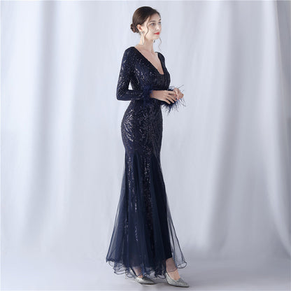 Ostrich Fur Mesh Beaded Formal Dresses