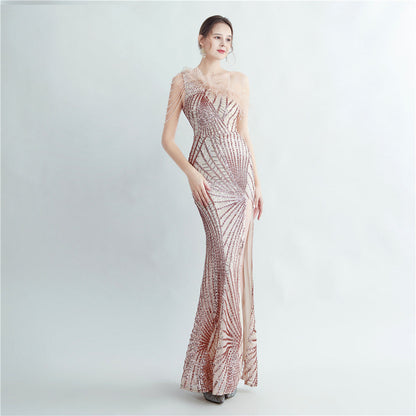 Fur Layered Beaded Formal Dress