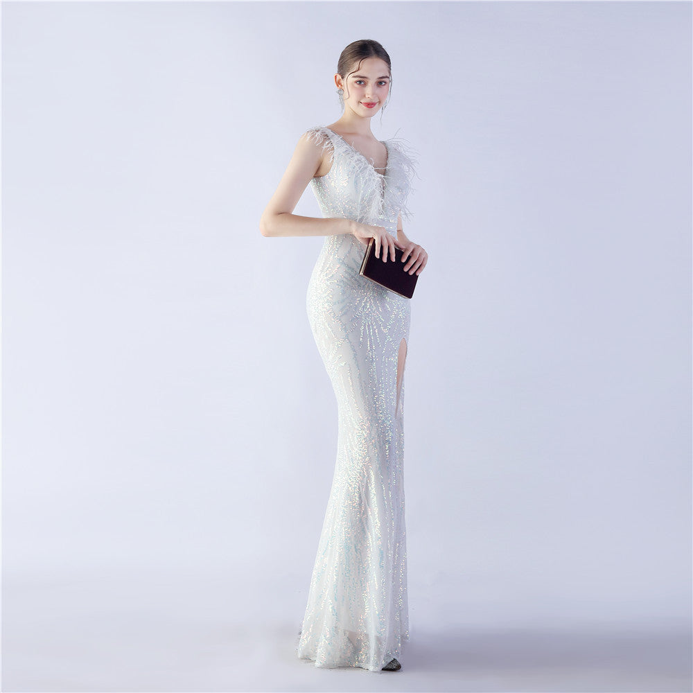 Camel Hair Side Split Formal Dress