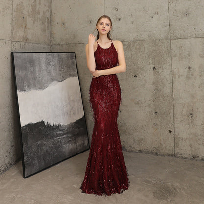 Silk Thread Fringe Beaded Formal Dresses