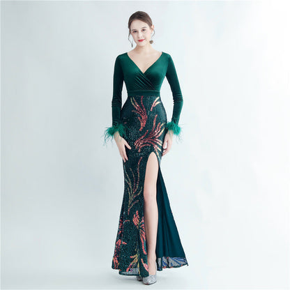 Ostrich Beaded Velvet Side Split Formal Dress