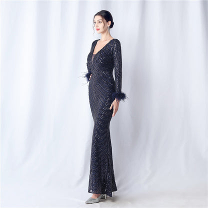 Ostrich Fur Long Sleeve Formal Dress