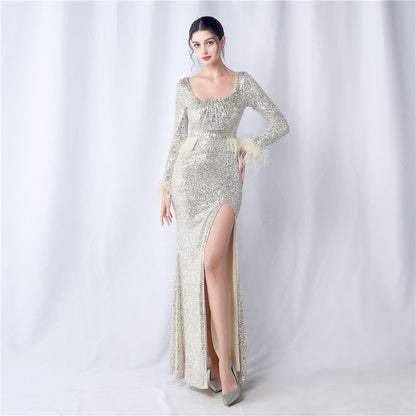 Ostrich Fur Long Sleeve Formal Dress