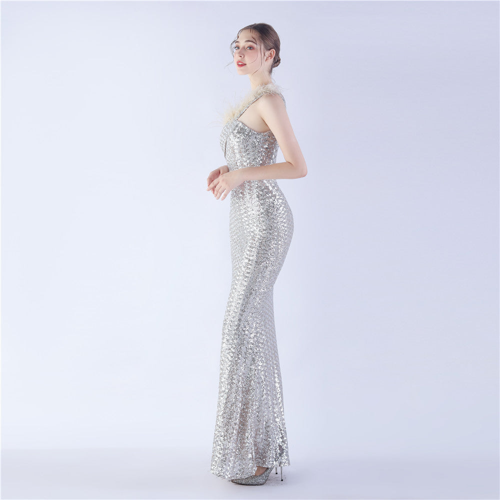 Ostrich Fur One-Shoulder Slant Neck Beaded Maxi Formal Dress
