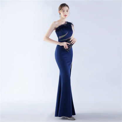 Fur Rhinestone Formal Dress