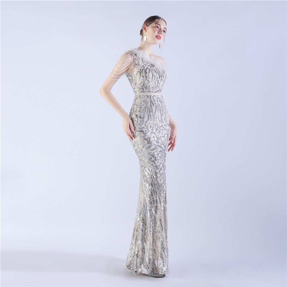 Fur Slant Neck One Shoulder Formal Dress