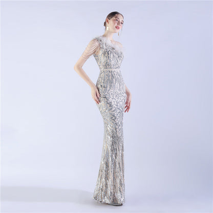 Fur Slant Neck One Shoulder Formal Dress