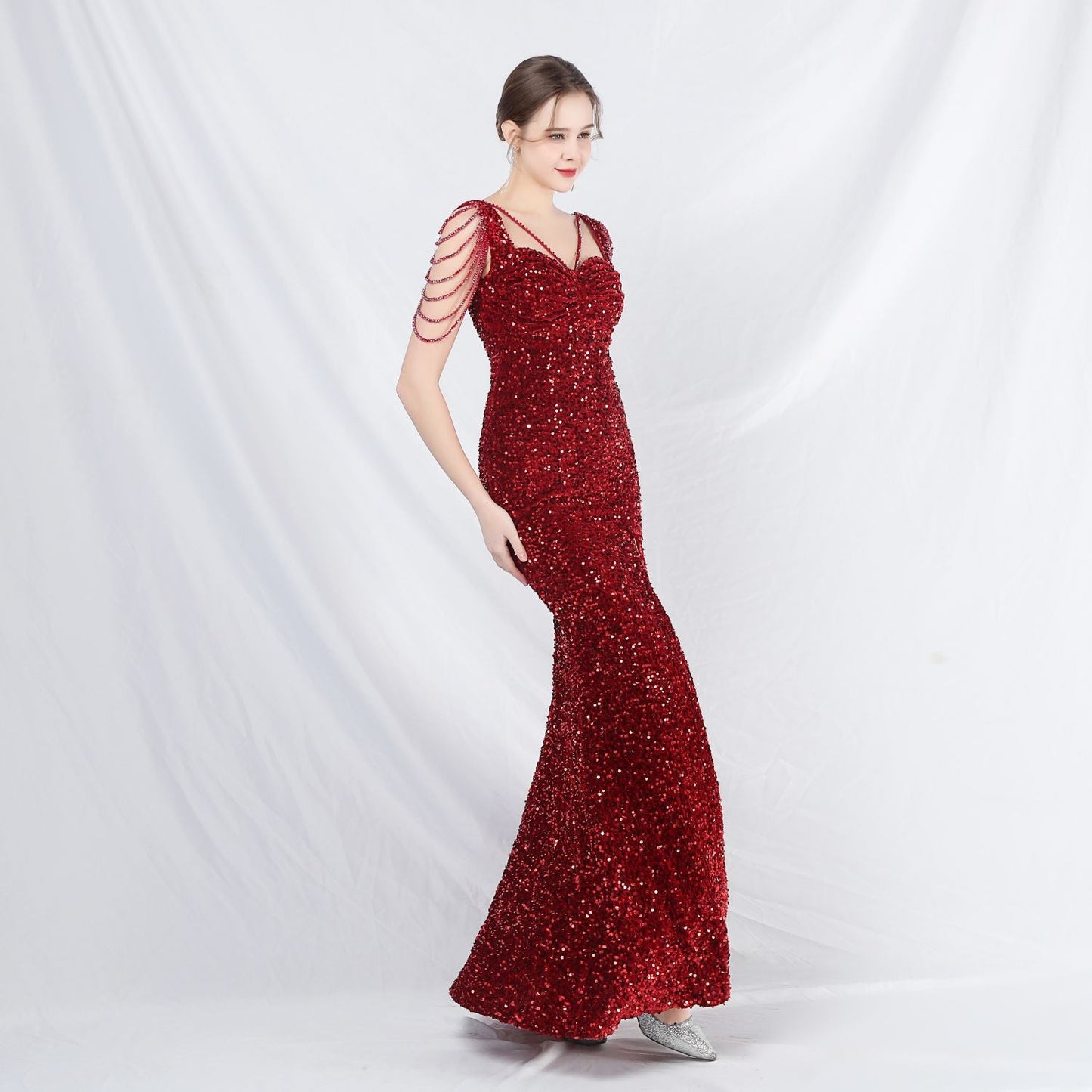 ベルベット裏地ビーズ付きフォーマルドレス