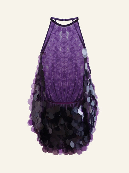 mini abito shirley con paillettes e schiena scoperta in viola
