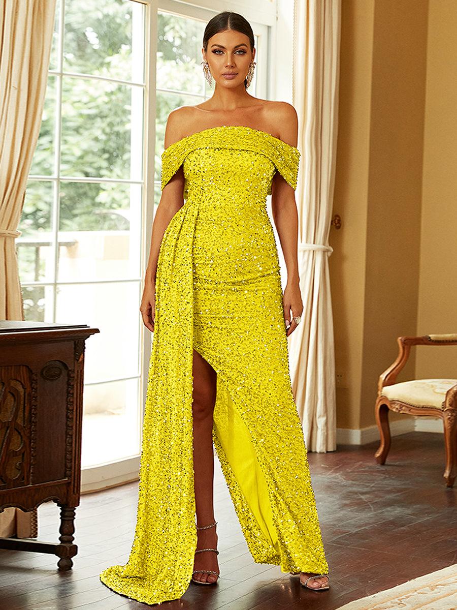 Off Shoulder Sequin High Split Prom Dress