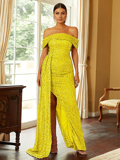 Off Shoulder Sequin High Split Prom Dress