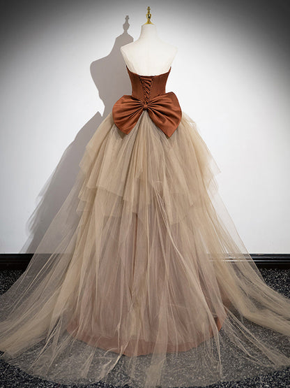Brown Mermaid Satin Tulle Prom Dress