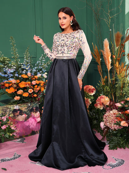 Formal A-Line Satin Panel Black Ball Gown