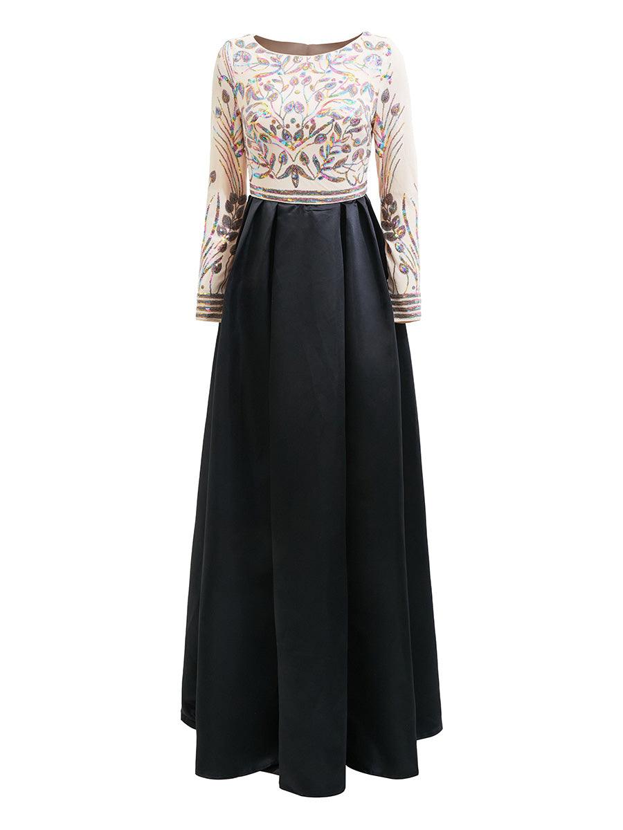 Formal A-Line Satin Panel Black Ball Gown