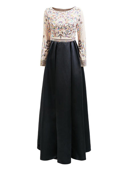 Formal A-Line Satin Panel Black Ball Gown