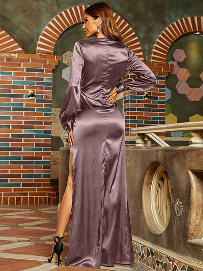 Surplice Neck Split Satin Prom Dress