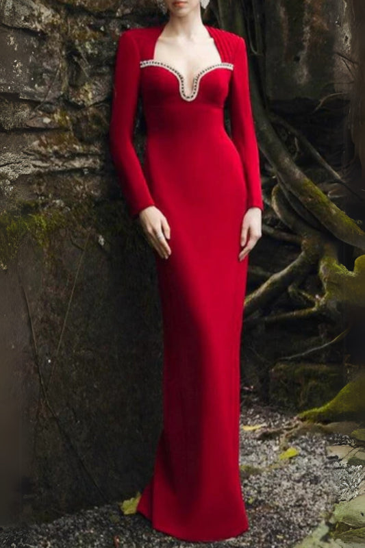 sylvia crystal embellished long sleeve maxi dress in red