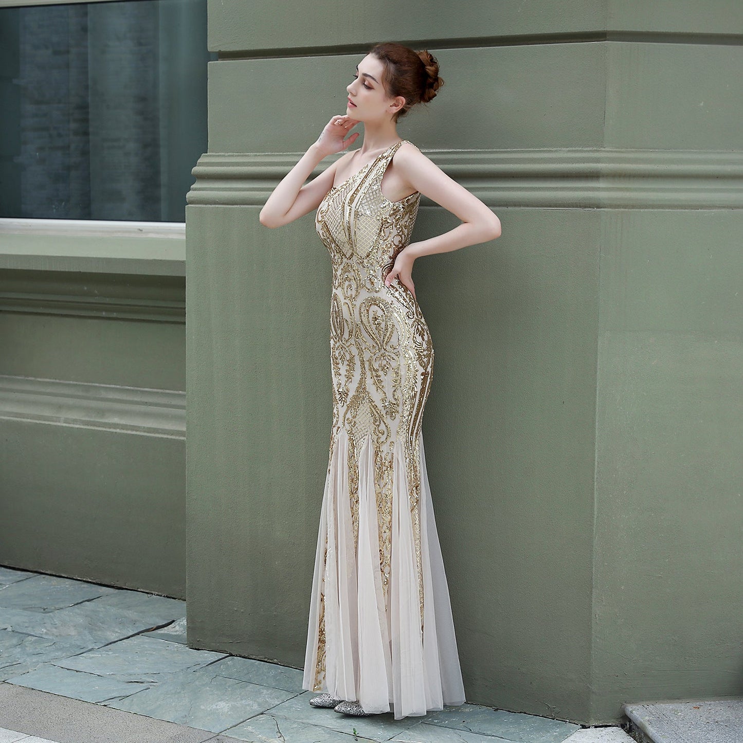 One Shoulder Beaded Formal Dress