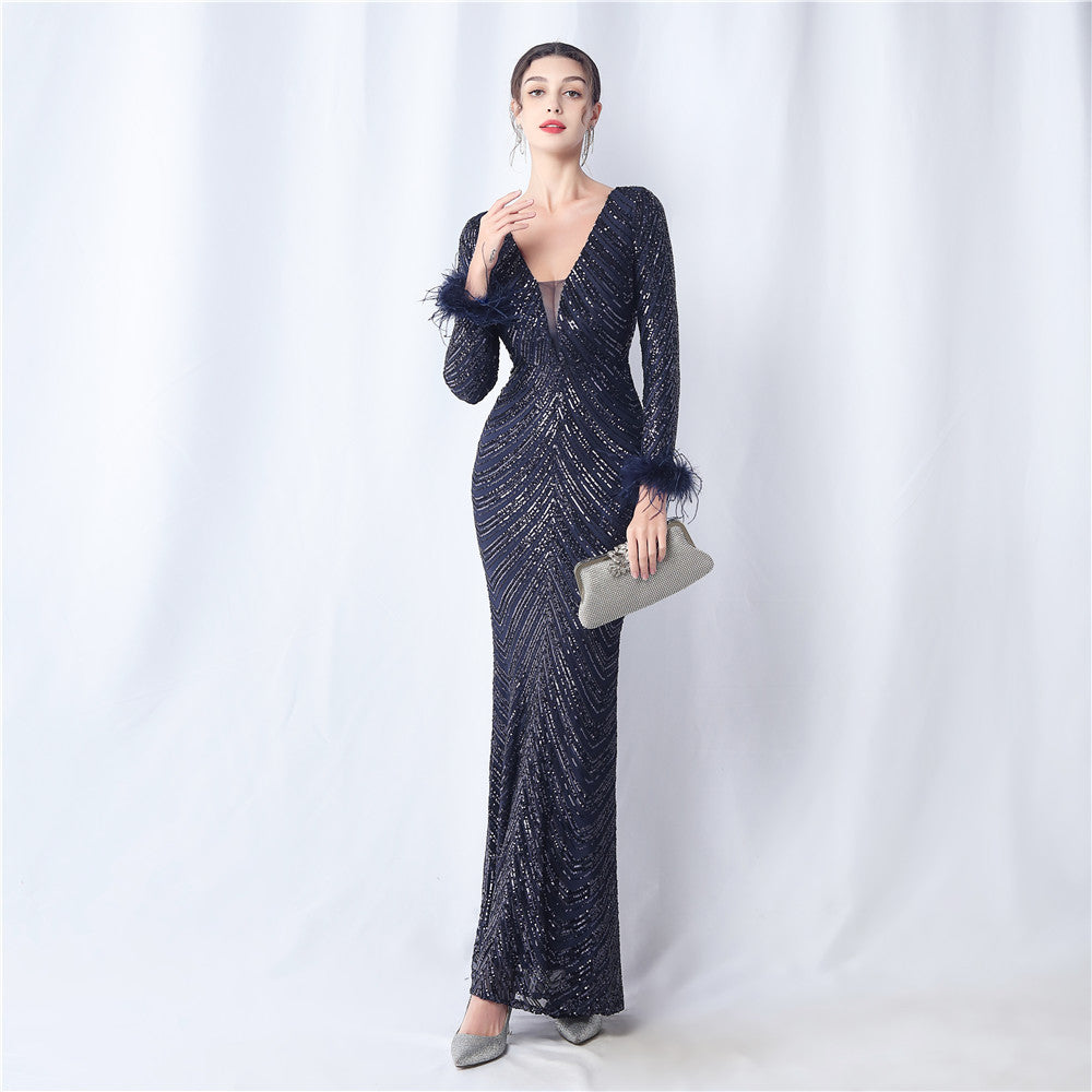 Ostrich Fur Long Sleeve Formal Dress