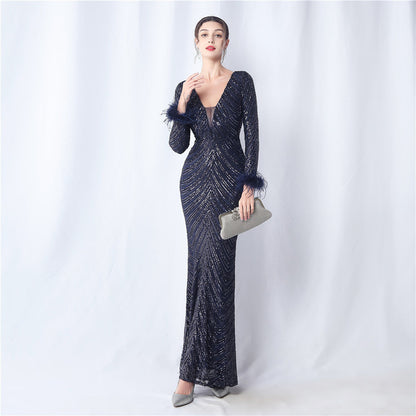 Ostrich Fur Long Sleeve Formal Dress