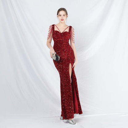 ベルベット裏地ビーズ付きフォーマルドレス