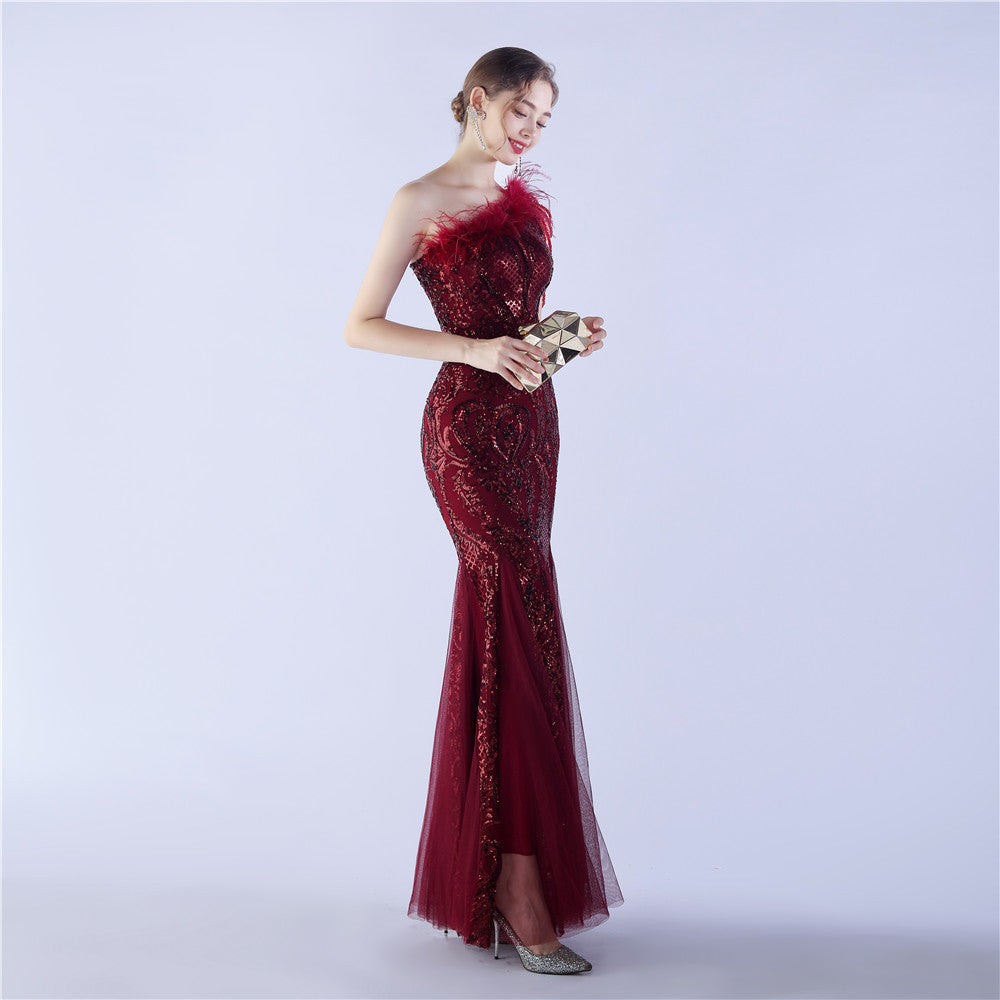 Beaded and Ostrich Fur Sequined Formal Dress