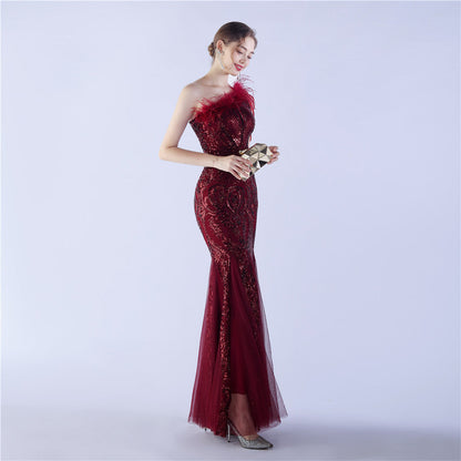 Beaded and Ostrich Fur Sequined Formal Dress
