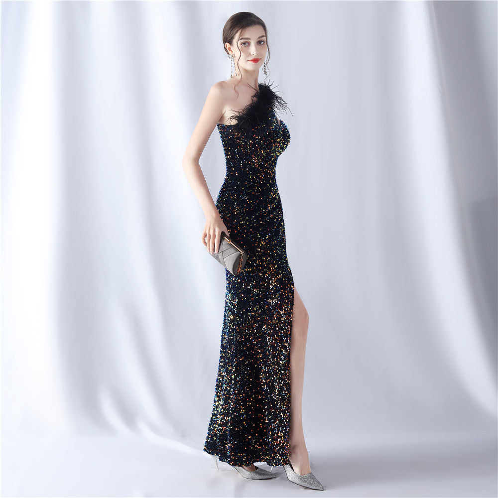 Ostrich Velvet Bottom One Shoulder Formal Dress