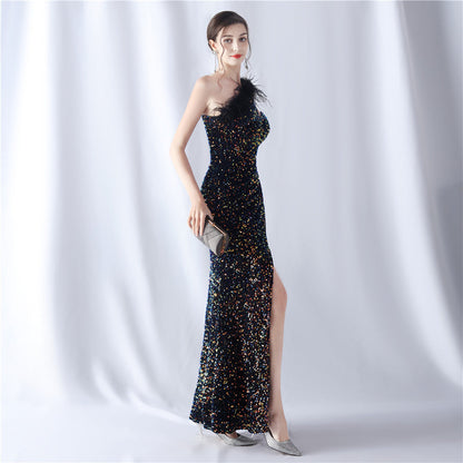 Ostrich Velvet Bottom One Shoulder Formal Dress