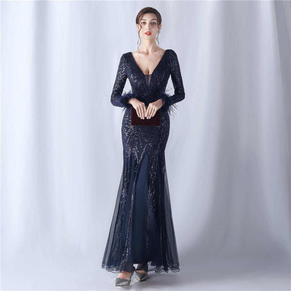 Ostrich Fur Mesh Beaded Formal Dresses