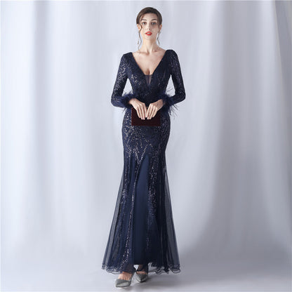Ostrich Fur Mesh Beaded Formal Dresses