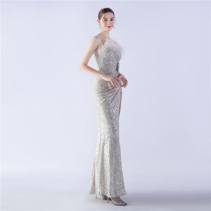 Fur Crafted Flower Formal Dress