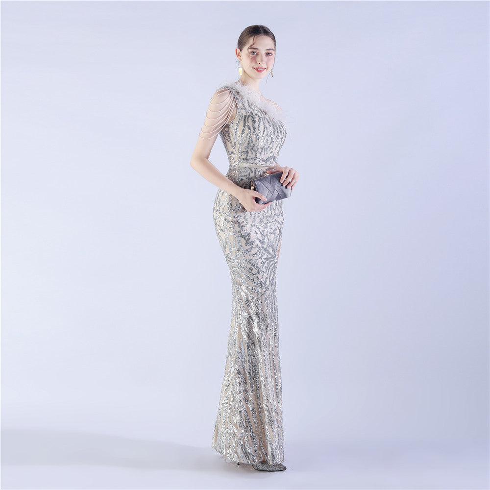 Fur Slant Neck One Shoulder Formal Dress